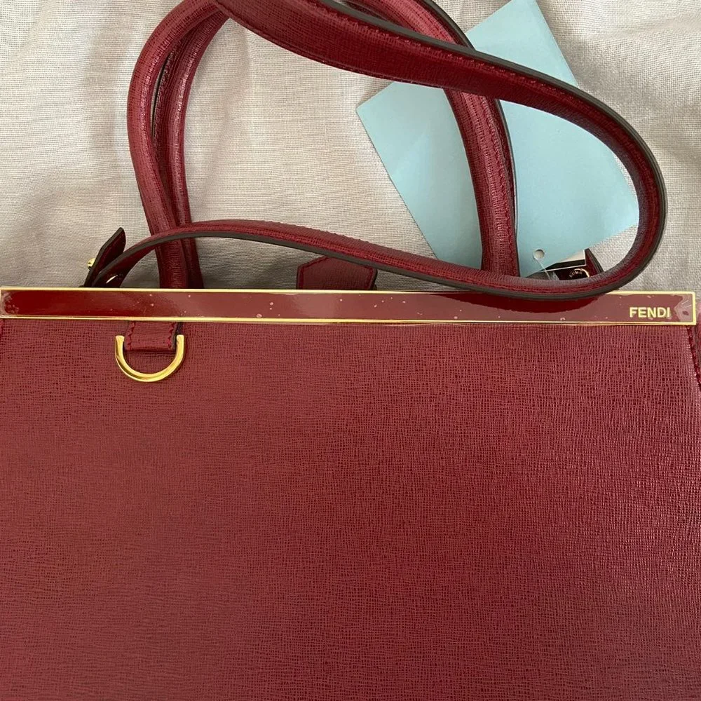 Authentic NWT Fendi 2 Jours Dark Red Leather Two Way Tote Shoulder Bag - Picture 5 of 11